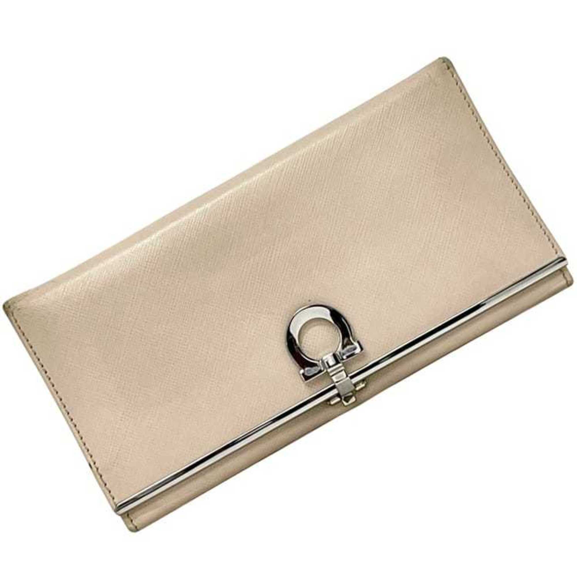 Salvatore Ferragamo Bi-Fold Long Wallet Ec-25269 Beige Gancini Ir-224633 Leat...